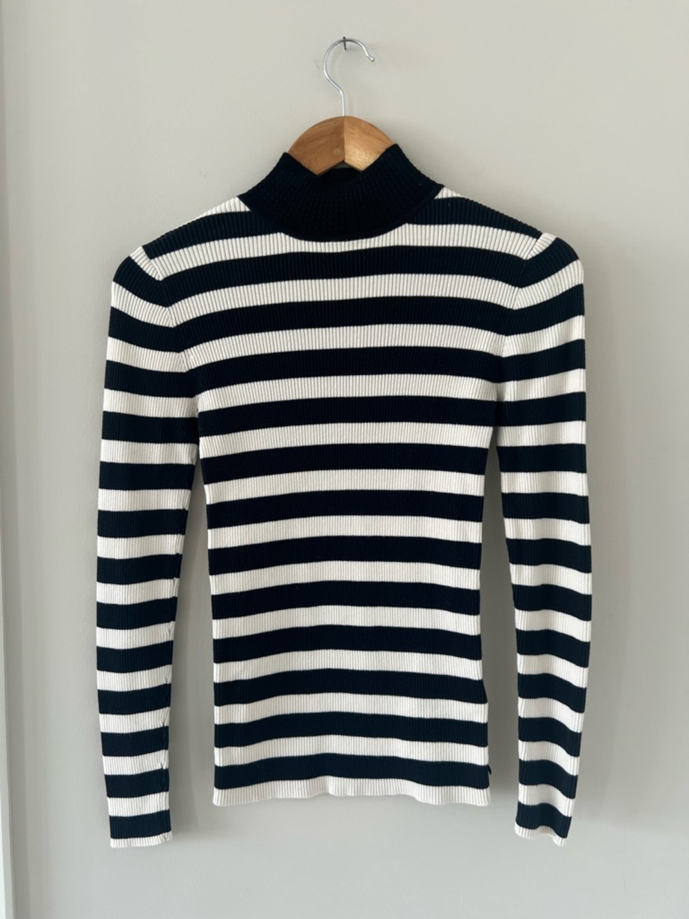 Scotch & Soda Black and White Striped Ribbed Mock Neck Sweater